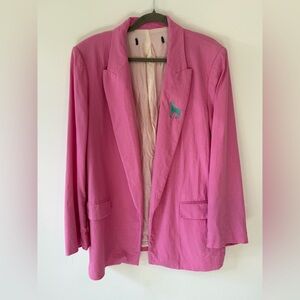 Zara Pink Linen viscose Blend Blazer Teal Stag Embroidery SZ XXL open front